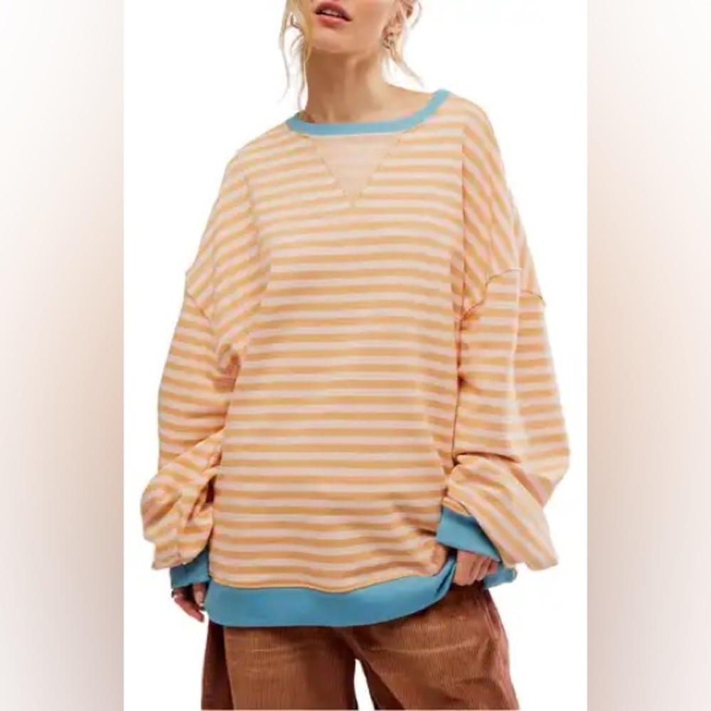 Free People Peach and Blue Striped Oversized Long Sleeve Top